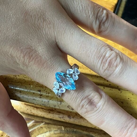 Genuine Sky Blue Topaz Rainbow Moonstone Sterling Silver Ring Size 8.75 - Picture 4 of 9